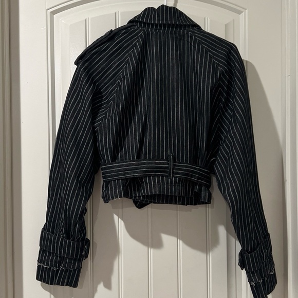Zara Black pinstripe Denim Cropped belted Jacket Trench Style SZ L NWOT - Picture 4 of 14